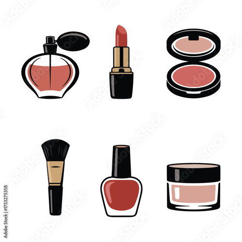 Beauty cosmetics silhouette vector set with perfume, lipstick, brush, and nail polish icons