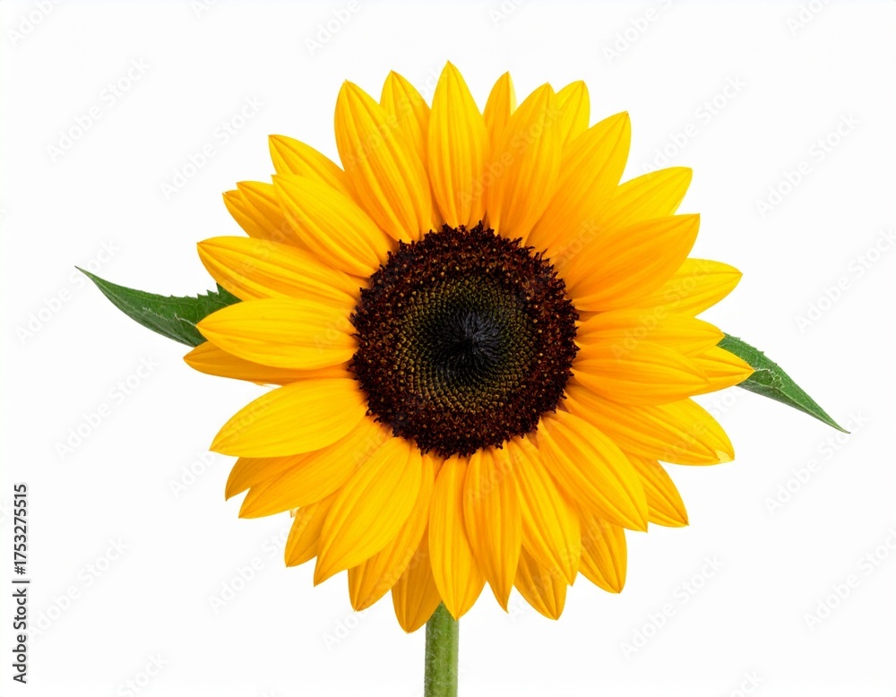 Naklejka premium Vibrant Single Sunflower Isolated on White Background with Green Stem and Leaves