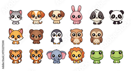A charming collection of eighteen cute cartoon baby animals, including various mammals, birds, and amphibians, all with large eyes and friendly expressions.