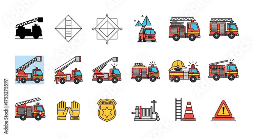 A collection of vector illustrations depicting various fire trucks, equipment, and symbols related to firefighting and emergency services.