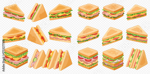 Isometric illustration of various sandwiches with different fillings and shapes.