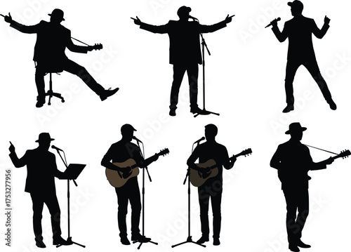 Musician silhouettes, singing performance, guitar players, microphone stand, live concert, black figures, artistic pose, music event, entertainment, stage show