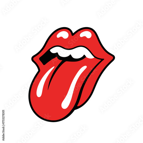A vibrant red graphic illustration of a mouth with its tongue sticking out, a universally recognized symbol of rock and roll.