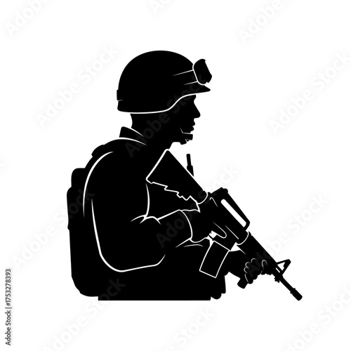 A stark black silhouette of a soldier in profile, wearing a helmet and holding an assault rifle.