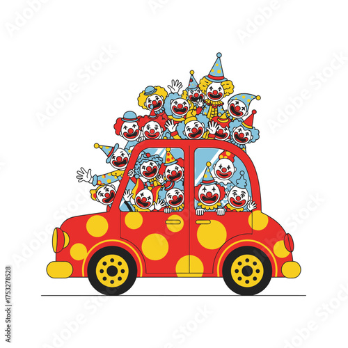 A large group of happy cartoon clowns crammed into and on top of a tiny red polka dot car.
