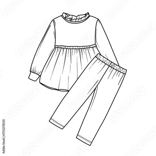 A black and white line art illustration of a girls clothing set. The outfit includes a long sleeve babydoll top with a ruffled neck and matching pants. Isolated vector sketch for fashion design.