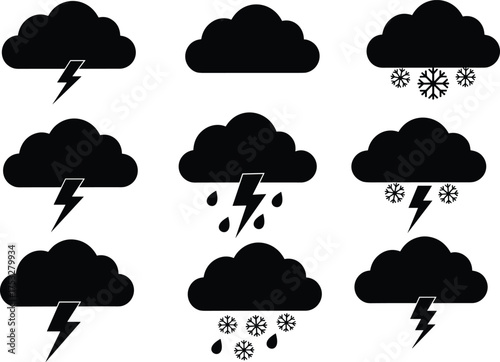 Set of black weather icons with thunderstorm, lightning, rain, snow, and cloudy symbols, meteorology forecast elements, vector design, climate illustration