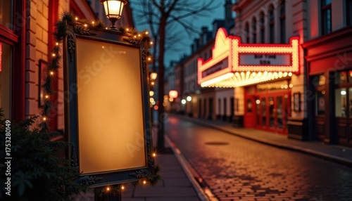 Night street scene with empty signboard and illuminated theater marquee  