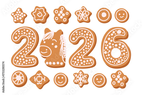 Vector composition with gingerbread cookies. horse, stars, circles, snowflakes. Designed for stylish Christmas and New Year 2026 web advertising, social media graphics and digital marketing.