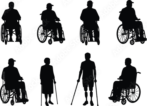 Silhouettes of disabled people, wheelchair users, prosthetic legs, crutches, accessibility, mobility aid, inclusive design, vector illustration, disability awareness, posture