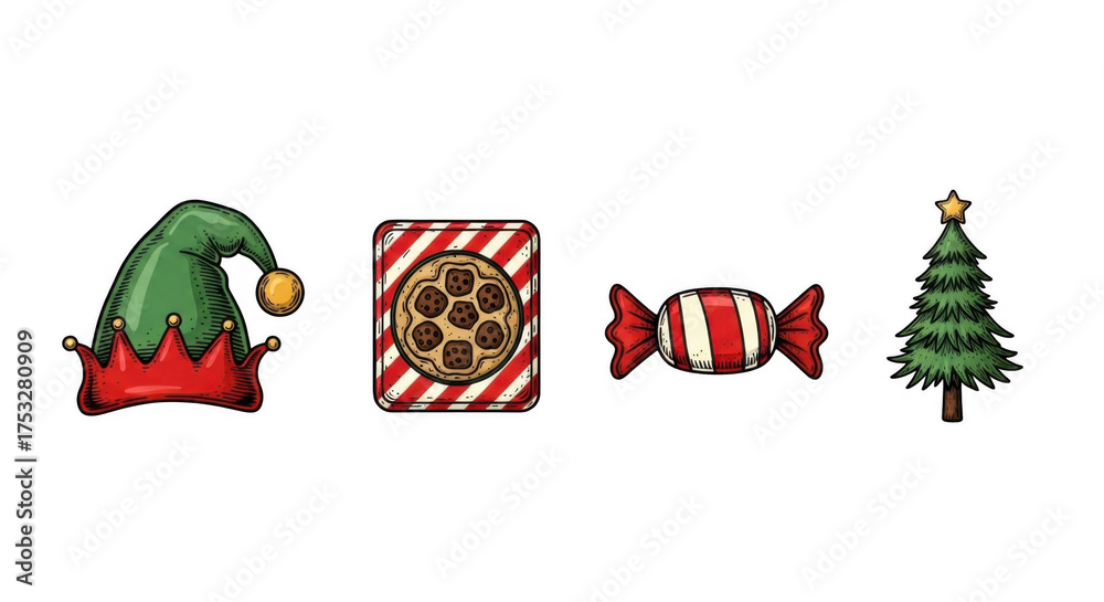 Fototapeta premium Christmas Holiday Festive Collection with Elf Hat Cookies Candy and Tree.
