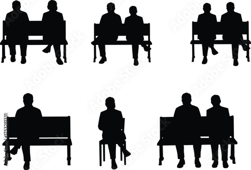 Silhouettes of seated people, various poses, bench and chair, social arrangement, minimalist vector, human posture, public space, design illustration
