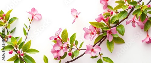Elegant white backdrop, delicate green leaves & vibrant pink blossoms,  foliage,  summer