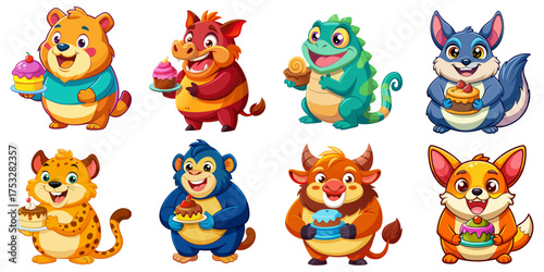 Set of cute chubby animal characters with sweet, cake: Bear, Boar, Buffalo, Chameleon, Cheetah, Chihuahua, Chimpanzee, Chinchillas