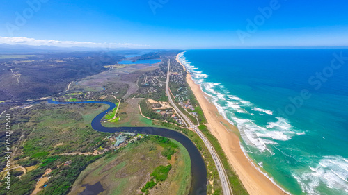 Aerial view of South Africa, a highway nestled between the coast and the river