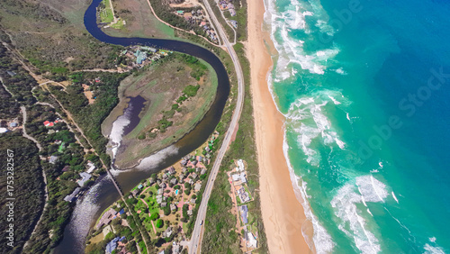 Aerial view of South Africa, a highway nestled between the coast and the river