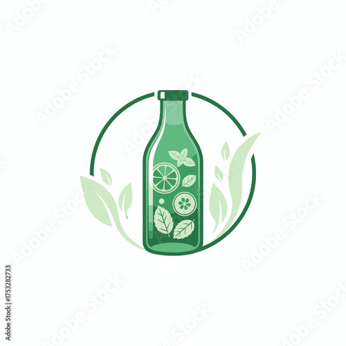 Monochrome green icon of a refreshing beverage in a glass bottle, filled with citrus slices and mint leaves, symbolizing natural health and wellness