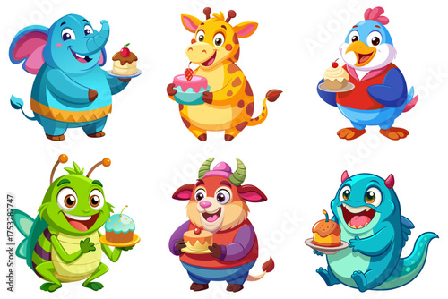 Set of cute chubby animal characters with dessert: Eel, Elephant, Giraffe, Goat, Goose, Grasshopper