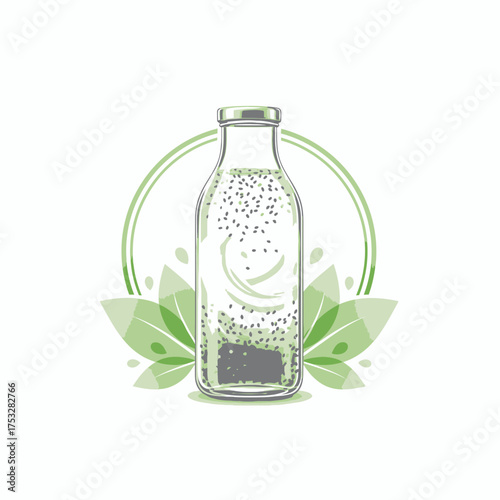 Refreshing chia seed infused beverage in a clear glass bottle, surrounded by vibrant green leaves and a circular organic frame, symbolizing a natural, healthy, and revitalizing lifestyle choice