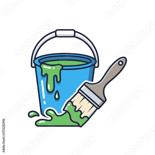 Vibrant green paint drips from a classic blue bucket, paired with a paint-laden brush, an iconic representation of creative projects, home renovation, and essential DIY artistic tools