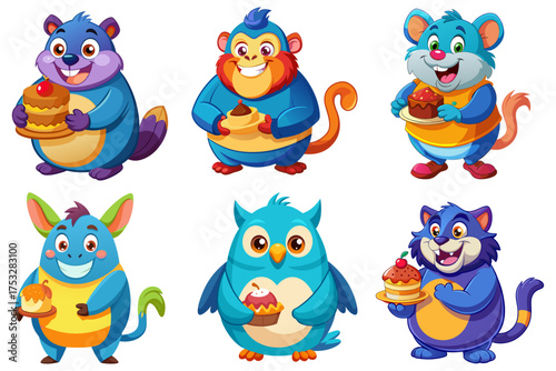 Collection of funny plump animal characters with cakes: Mole, Monkey, Mouse, Mule, Owl, Panther