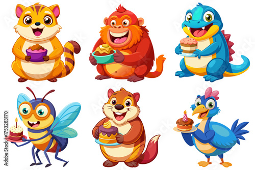 Group of cute chubby animal cartoons holding cakes: Meerkat, Monitor lizard, Mosquito, Orangutan, Ostrich, Otter
