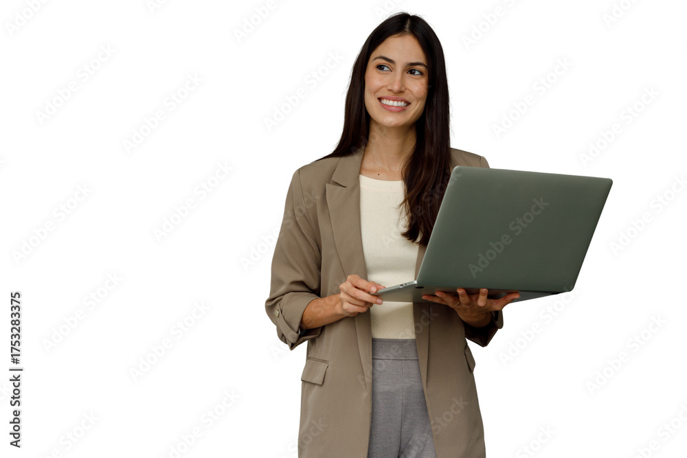 Fototapeta premium Professional businesswoman holding laptop, smiling and looking up, planning strategy for future success with transparency