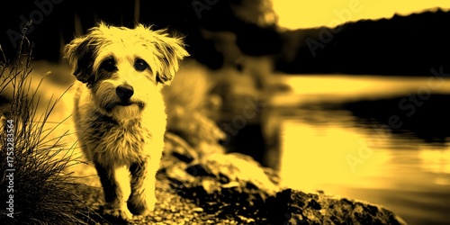 Cute dog walks along a lakeside path during a calm evening near the forest