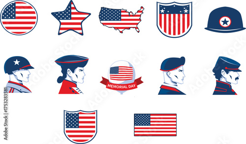 Collection of American patriotic featuring stars, stripes, flags, soldiers, and Memorial Day elements in a clean and modern graphic style, perfect for various design projects