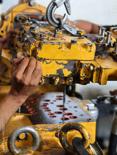 Tableau sur toile Close-up of a worker's hands using a heavy-duty orange lifting hook and chain to move or position a control valve transmission in a workshop