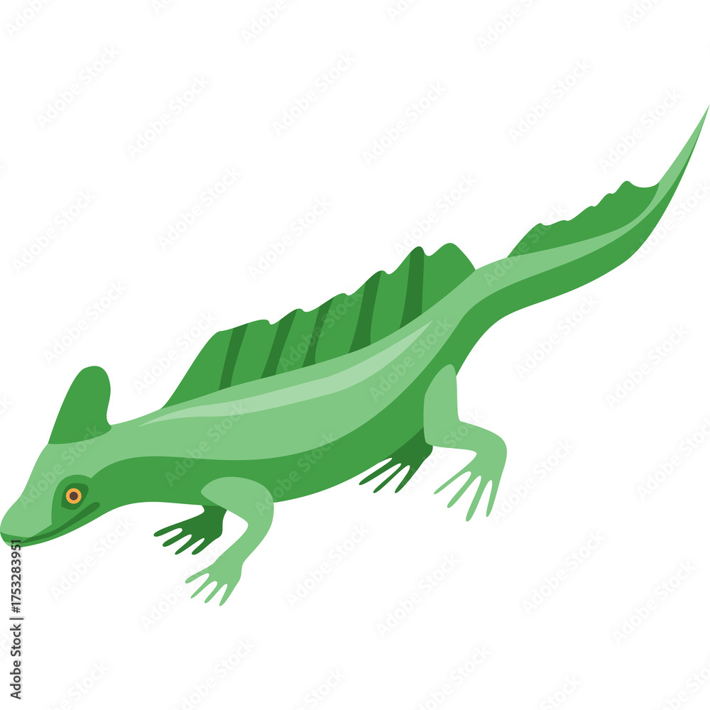 Fototapeta premium Green pixel art lizard with sail-like dorsal fin and orange eye isolated on a white background
