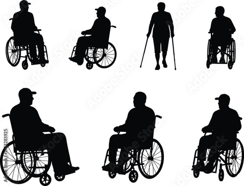 Mobility aid silhouettes, wheelchair users, crutch support, disability icons, accessible design, medical illustration, rehabilitation, healthcare, inclusive, vector, black, 