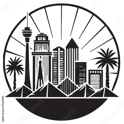 Las vegas cityscape in black and white, showcasing iconic landmarks and palm trees against a radiating background, all within a circular frame, creating a stylized emblem, isolated on white background