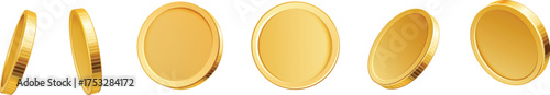 A 3D rendered set of a spinning gold coin showing different rotation frames, a realistic isolated financial for animation or design projects