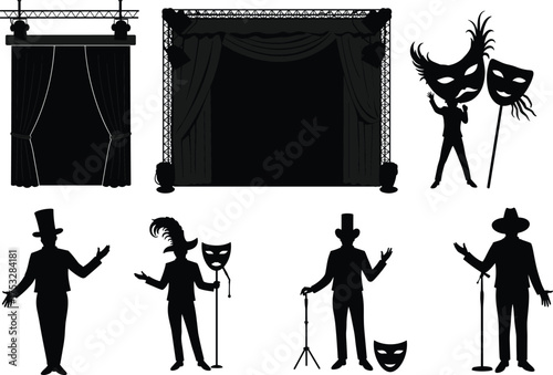 Theater silhouettes, stage setup, dramatic masks, performer poses, microphone, top hat, feather headpiece, cane, curtain, spotlight, black illustration, drama
