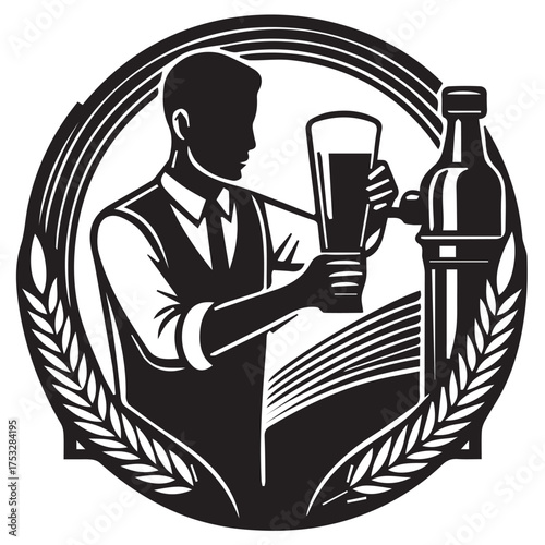 Bartender pouring beer from tap in black and white, set within a circular emblem adorned with wheat stalks, symbolizing craftsmanship and the brewing process, isolated on white background