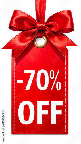Red discount tag showcasing a 70% off sale, ideal for promotions and advertising.