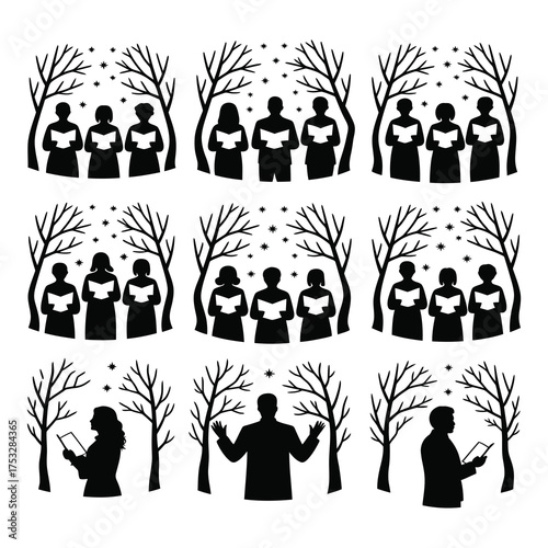 Winter Choir Singing Outdoors Black Silhouette Bundle.