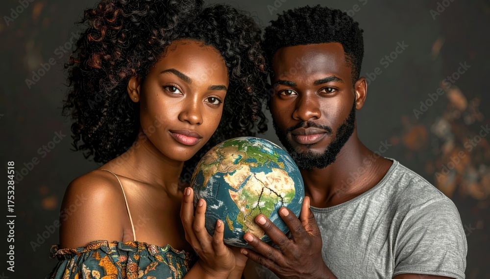 Naklejka premium Diverse Couples Holding Earth Globe Representing Unity and Diversity