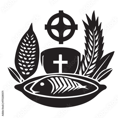 A religious symbol with a fish skeleton, wheat, and a cross, isolated on white background the image represents faith, spirituality, and the christian tradition