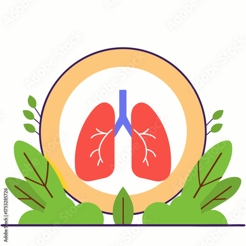 Anatomical illustration of human lungs with leafy green elements