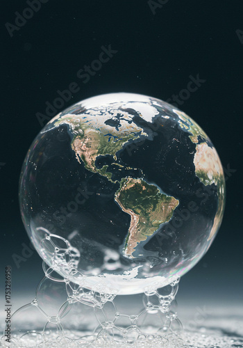 Glass globe with continents floating in water against a dark background
