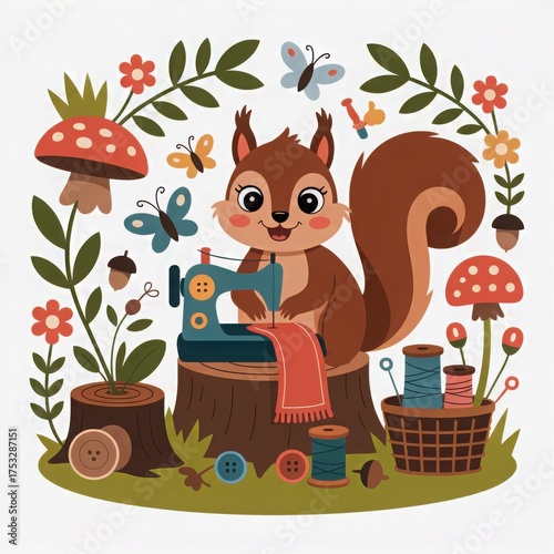 Cute Squirrel Tailor Illustration with Sewing Machine Mushroom and Floral Accents Whimsical Woodland Scene for Childrens Designs