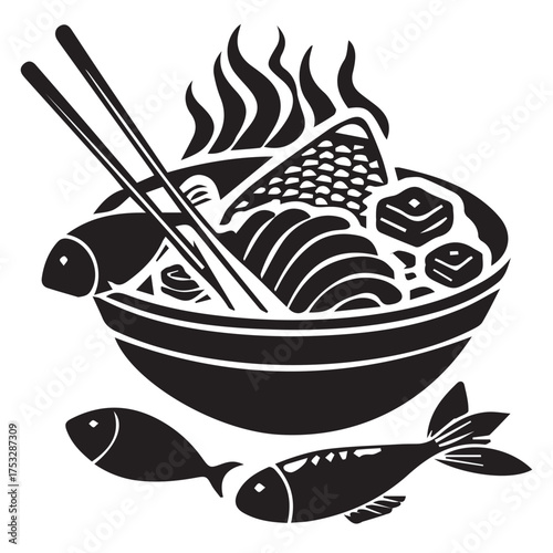 Silhouette of a bowl of ramen with chopsticks, fish, and other toppings, creating a delicious and comforting image of asian cuisine isolated on white background