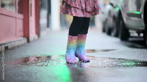 child in colorful rain boots jumping in puddle