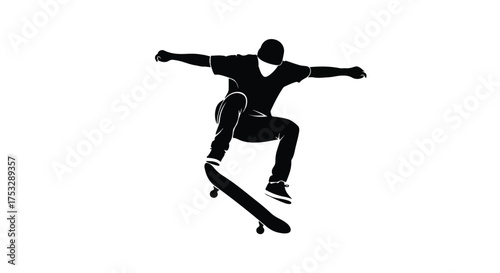 Dynamic Skateboarder Silhouette Performing Aerial Trick on White Background