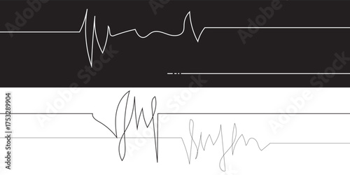 Stylized heartbeat lines and digital signatures on a black and white background, symbolizing medical data, technology, and personal identification.