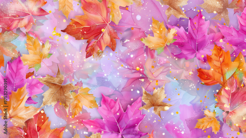 Fototapeta premium A background of fall leaves in pink, orange, and gold glitter watercolor with a soft and elegant touch.