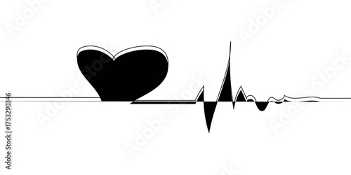 A minimalist black heart with an abstract heartbeat line, symbolizing love, health, and vitality in a modern design.