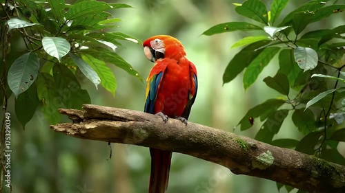 Scarlet Macaw Perched on a Wooden Branch